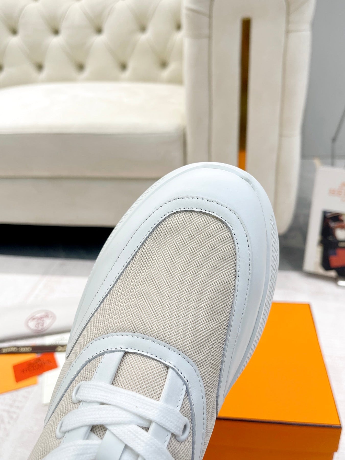 GIGA SNEAKER IN TAN BROWN STITCHED MESH AND WHITE CALFSKIN