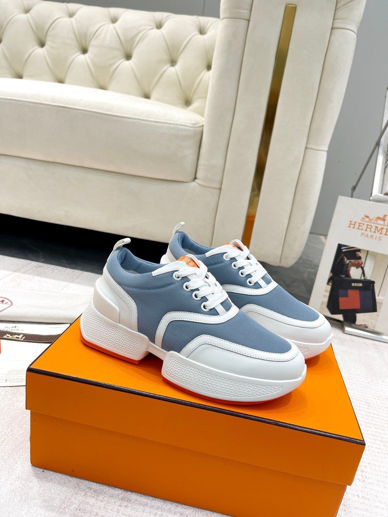 GIGA SNEAKER IN AEGEAN BLUE STITCHED MESH AND WHITE CALFSKIN