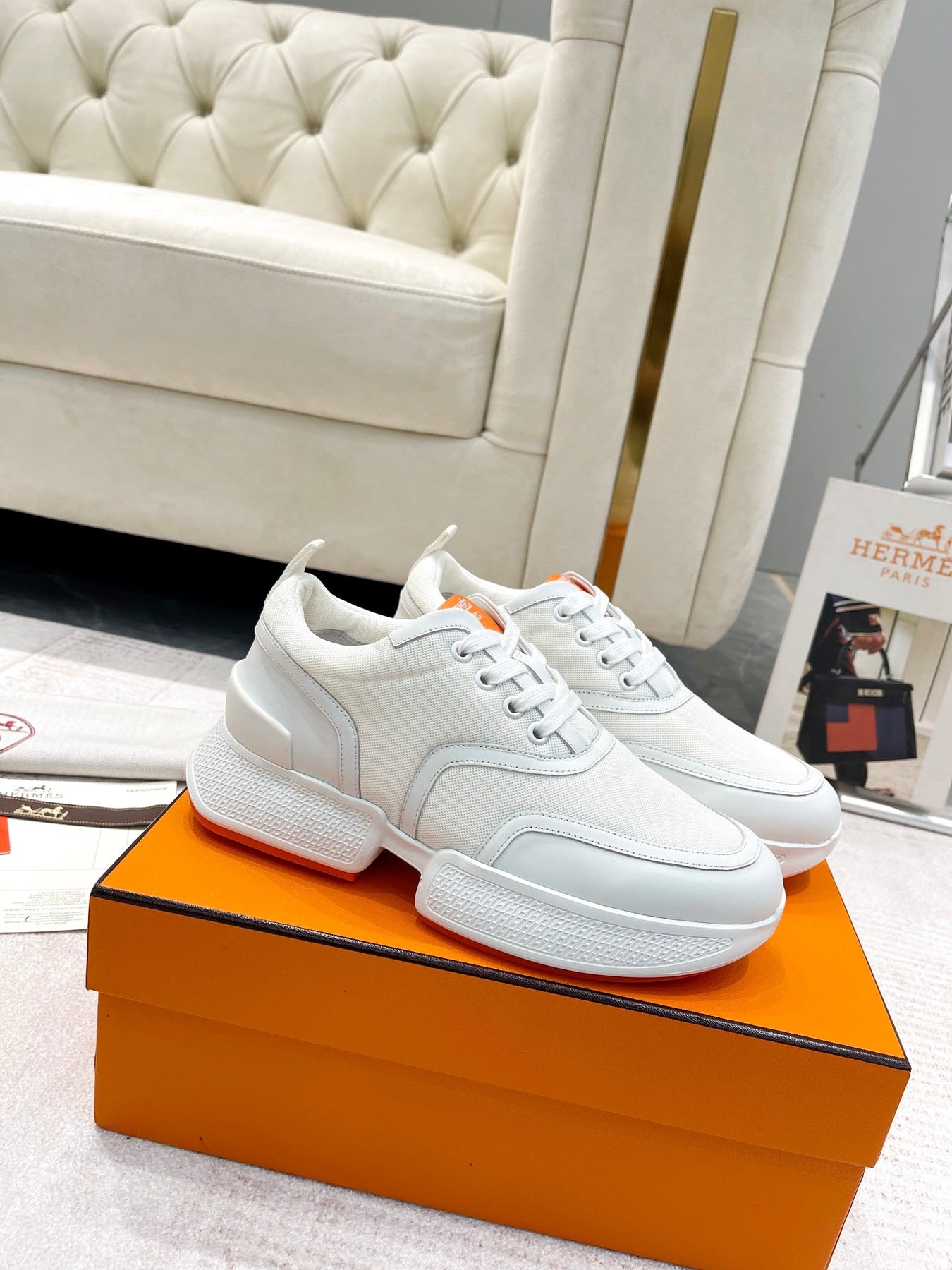 GIGA SNEAKER IN WHITE CREAM STITCHED MESH AND CALFSKIN