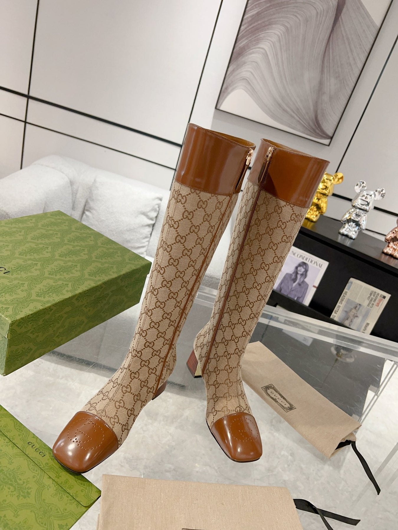 GG KNEE BOOTS IN BRONZE BROWN MONOGRAM CANVAS AND GLOSSY SHEEPSKIN