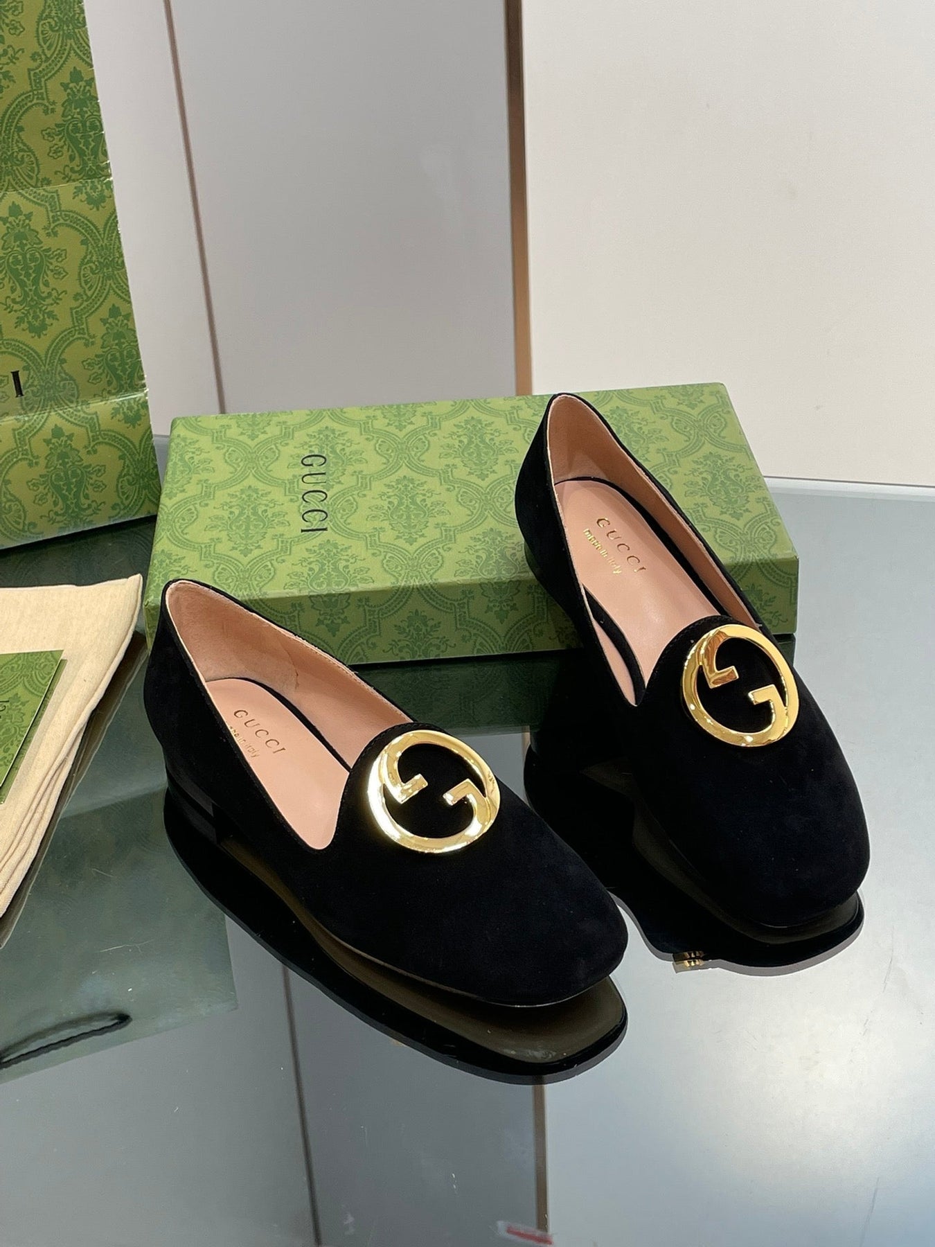 BLONDIE LOGO-PLAQUE LOAFERS IN BLACK SUEDE WITH GOLD HARDWARE