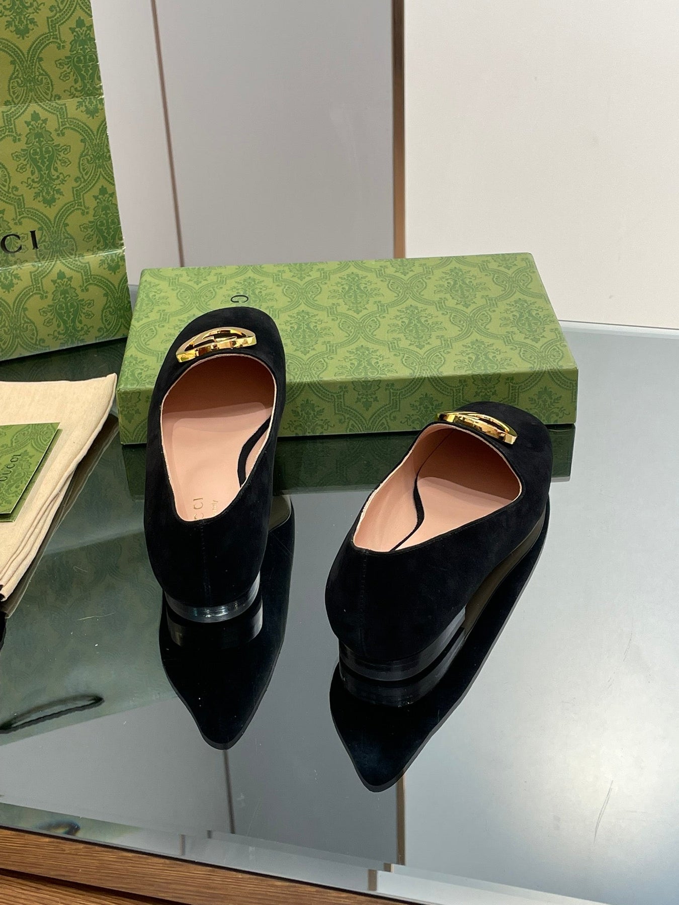 BLONDIE LOGO-PLAQUE LOAFERS IN BLACK SUEDE WITH GOLD HARDWARE