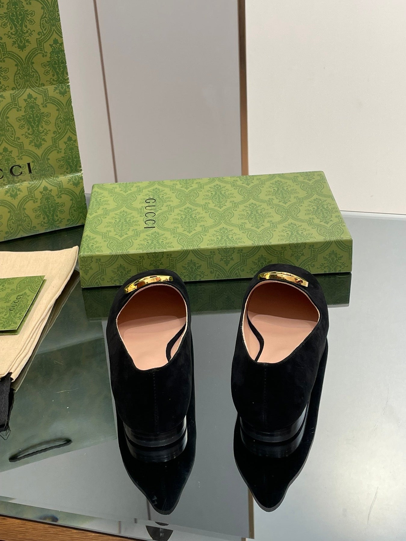 BLONDIE LOGO-PLAQUE LOAFERS IN BLACK SUEDE WITH GOLD HARDWARE