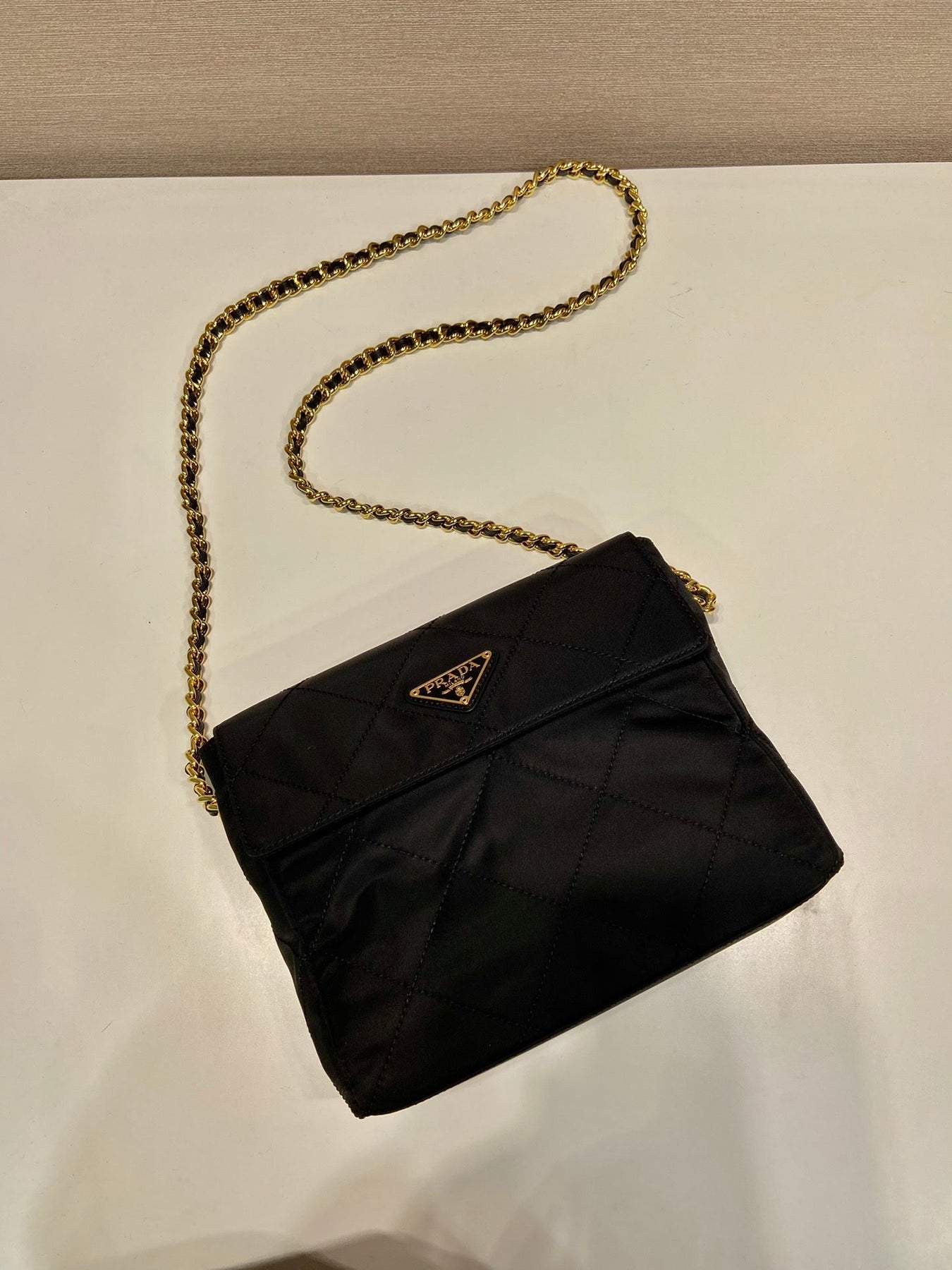 LARGE QUILTED FLAP BAG 23 IN BLACK RE-NYLON FABRIC GOLD CHAIN