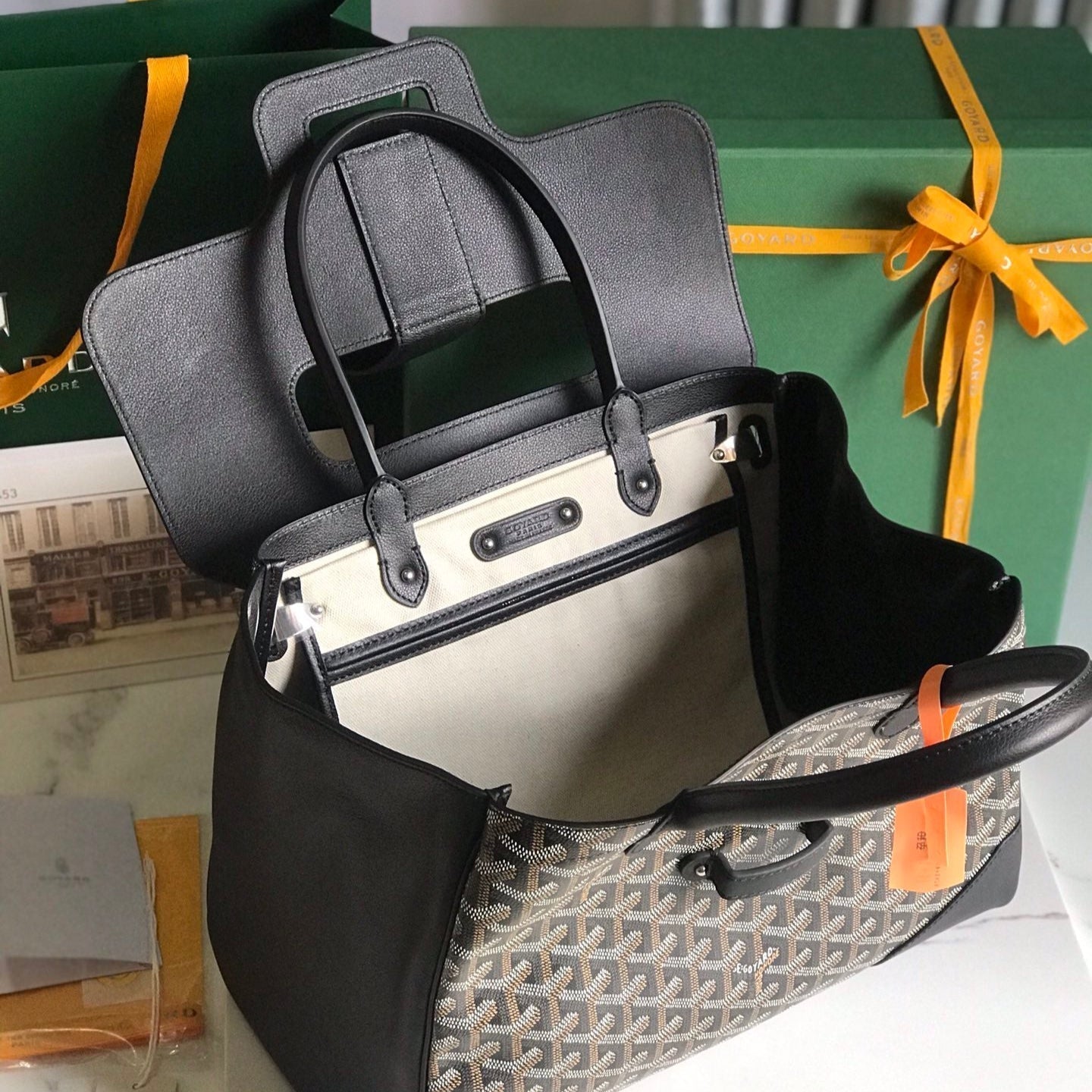 SAIGON SOUPLE BAG 34 IN BLACK GOYARDINE CANVAS AND CALFSKIN