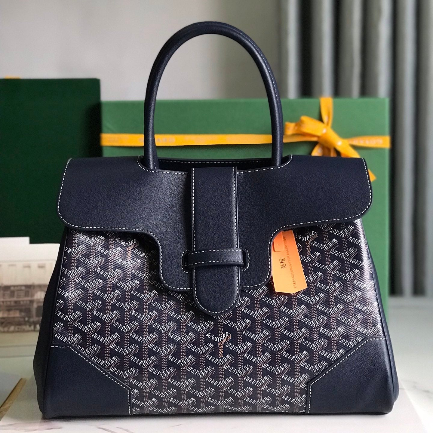 SAIGON SOUPLE BAG 34 IN NAVY BLUE GOYARDINE CANVAS AND CALFSKIN