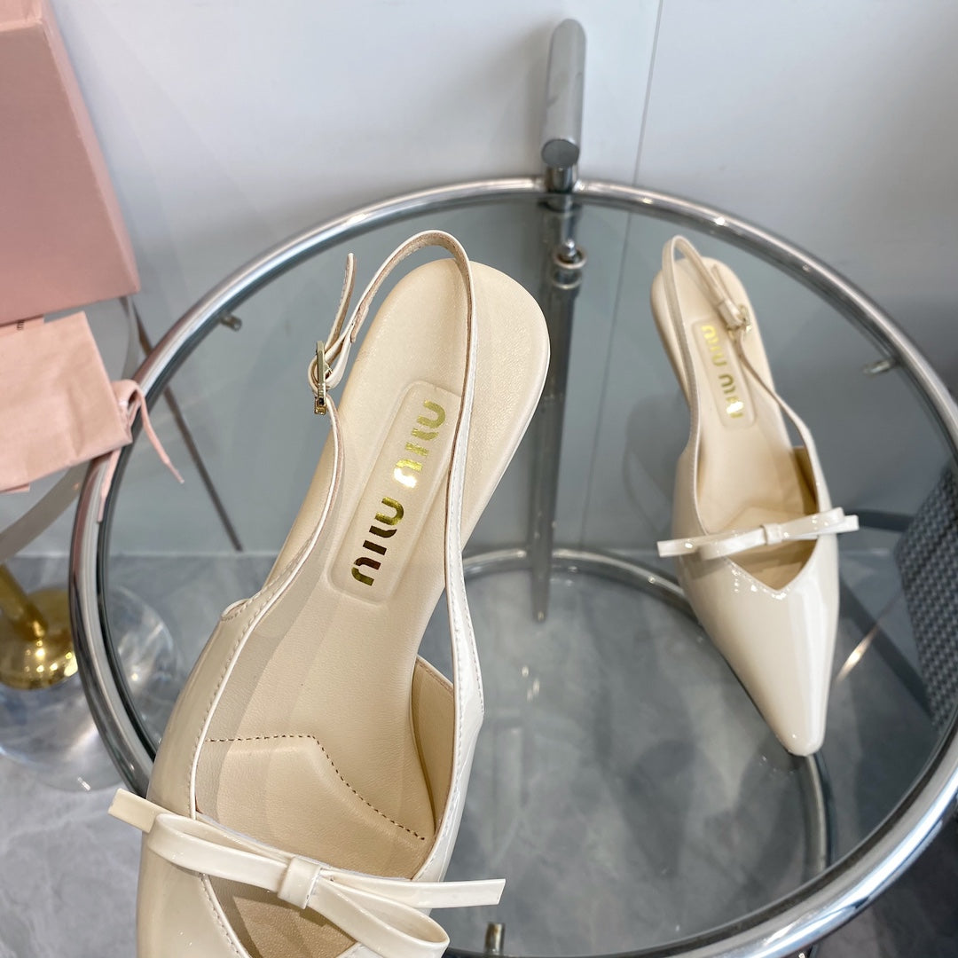 HIGH-SLINGBACK POINTED TOE SANDALS BEIGE COWHIDE WITH BOW