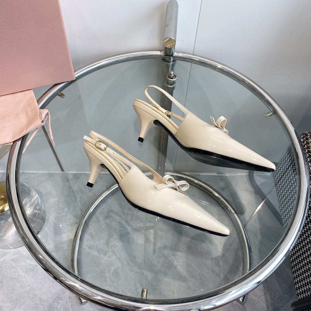HIGH-SLINGBACK POINTED TOE SANDALS BEIGE COWHIDE WITH BOW