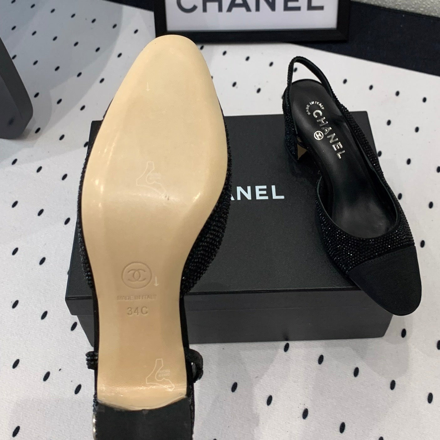 Double CC Rhinestone Slingback Sheepskin Black