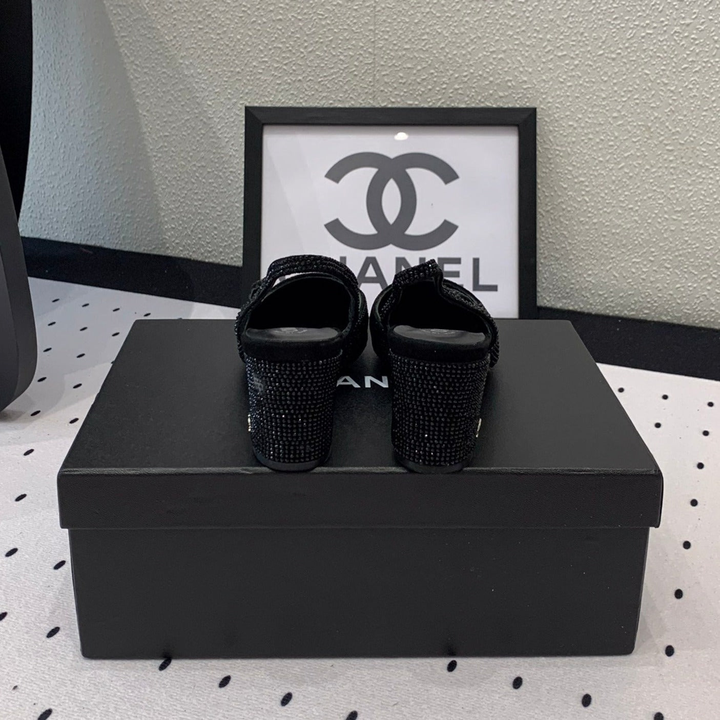 Double CC Rhinestone Slingback Sheepskin Black