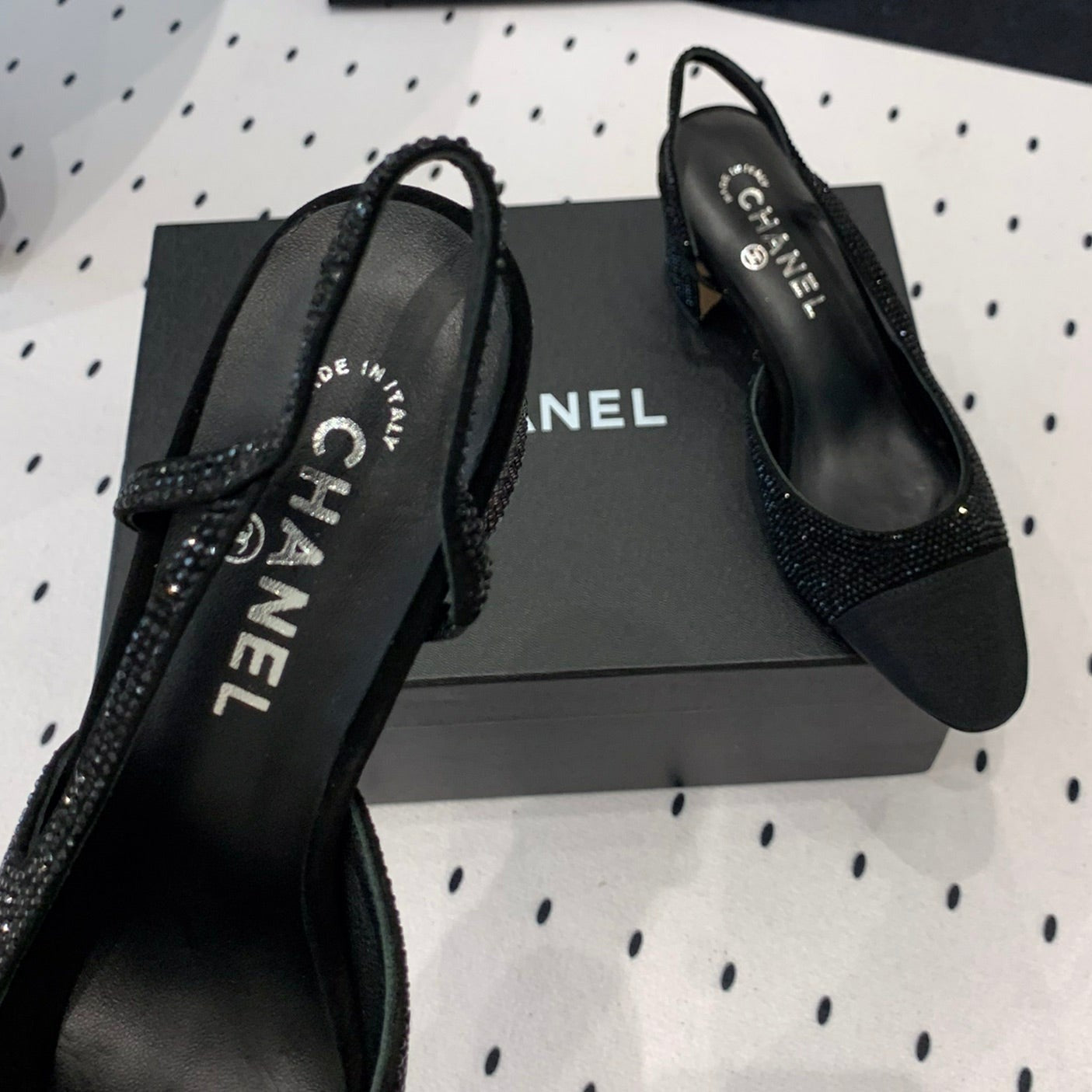 Double CC Rhinestone Slingback Sheepskin Black