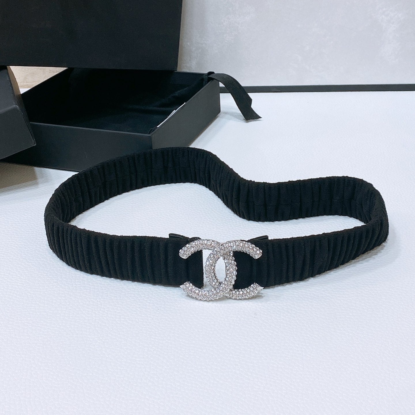 CC ELASTIC BELT 30MM IN BLACK WOOL FABRIC SILVER HARDWARE WITH RHINSTONES