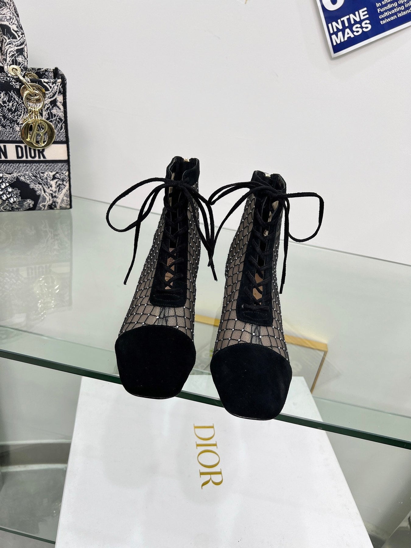 NAUGHTILY-D HEELED ANKLE BOOT IN BLACK EMBROIDERED MESH AND SUEDE 35 MM