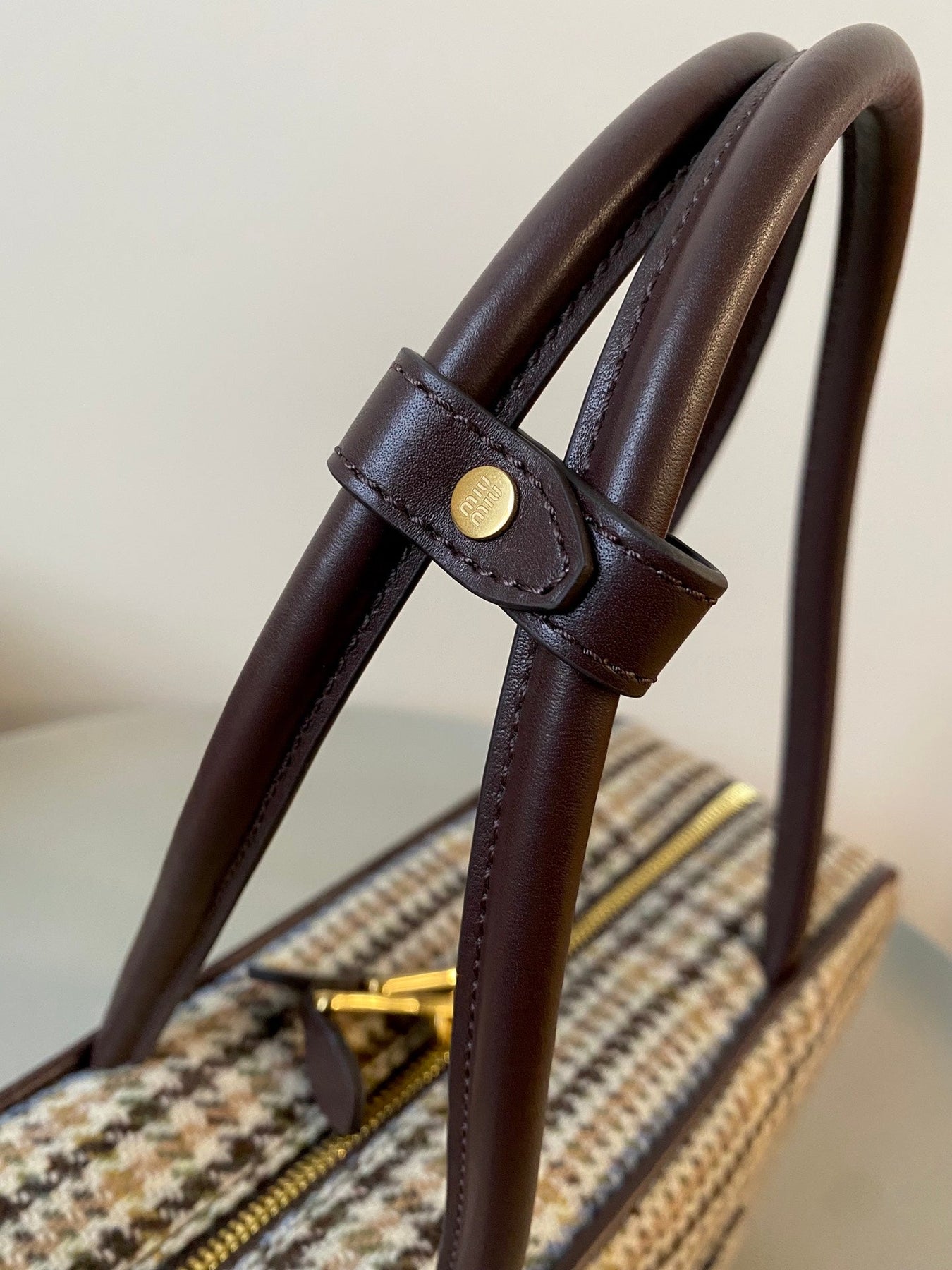 BEAU TOP HANDLE BAG 34 IN BEIGE TARTAN AND COCOA BROWN LEATHER TRIM