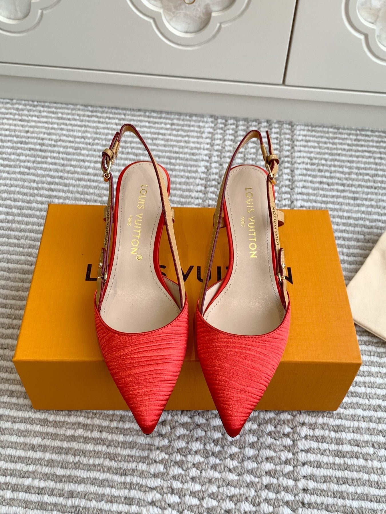 BLOSSOM SLINGBACKS 55 MM IN CHERRY RED IMPORTED STRIPED SILK SATIN