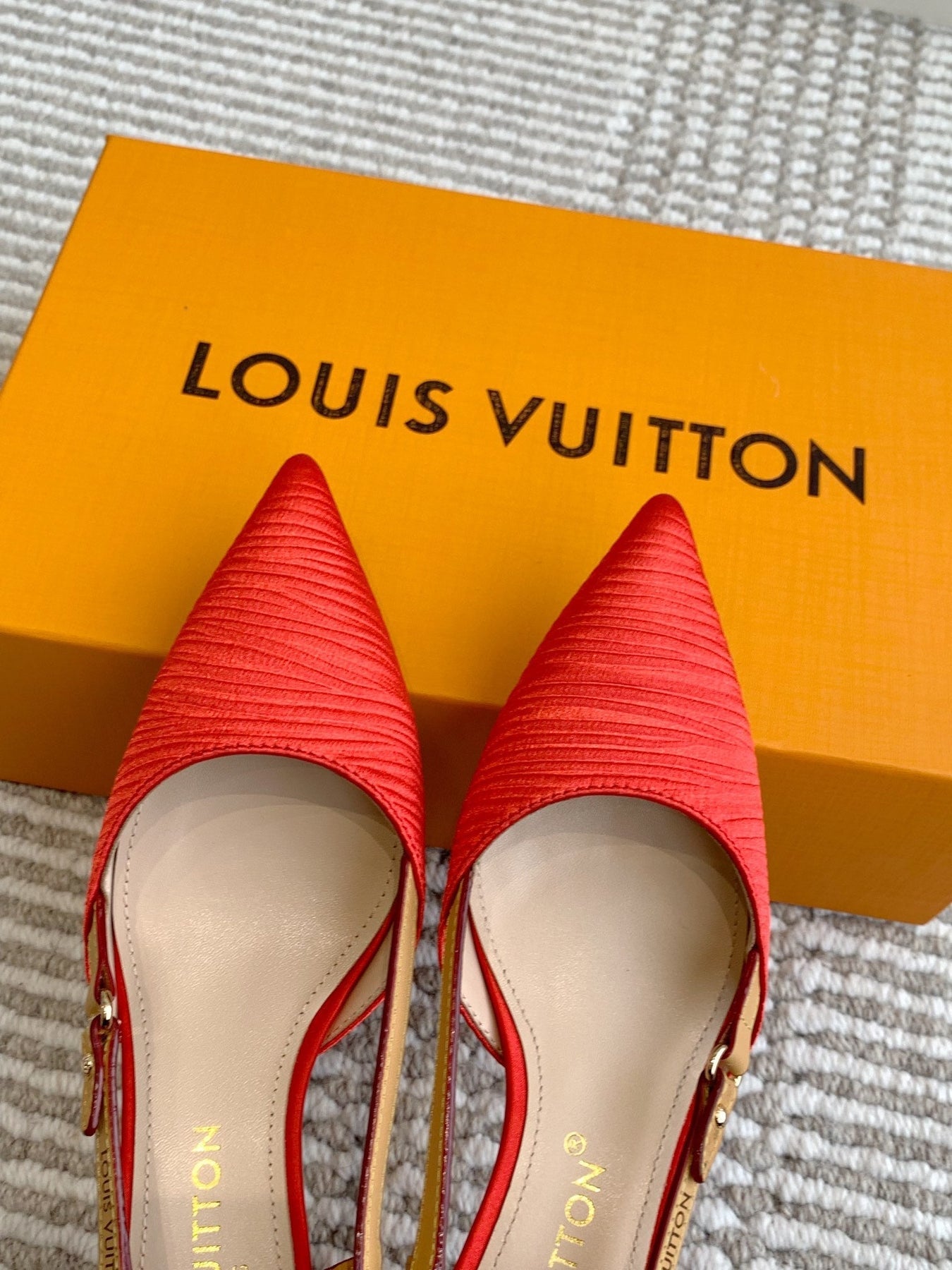 BLOSSOM SLINGBACKS 55 MM IN CHERRY RED IMPORTED STRIPED SILK SATIN