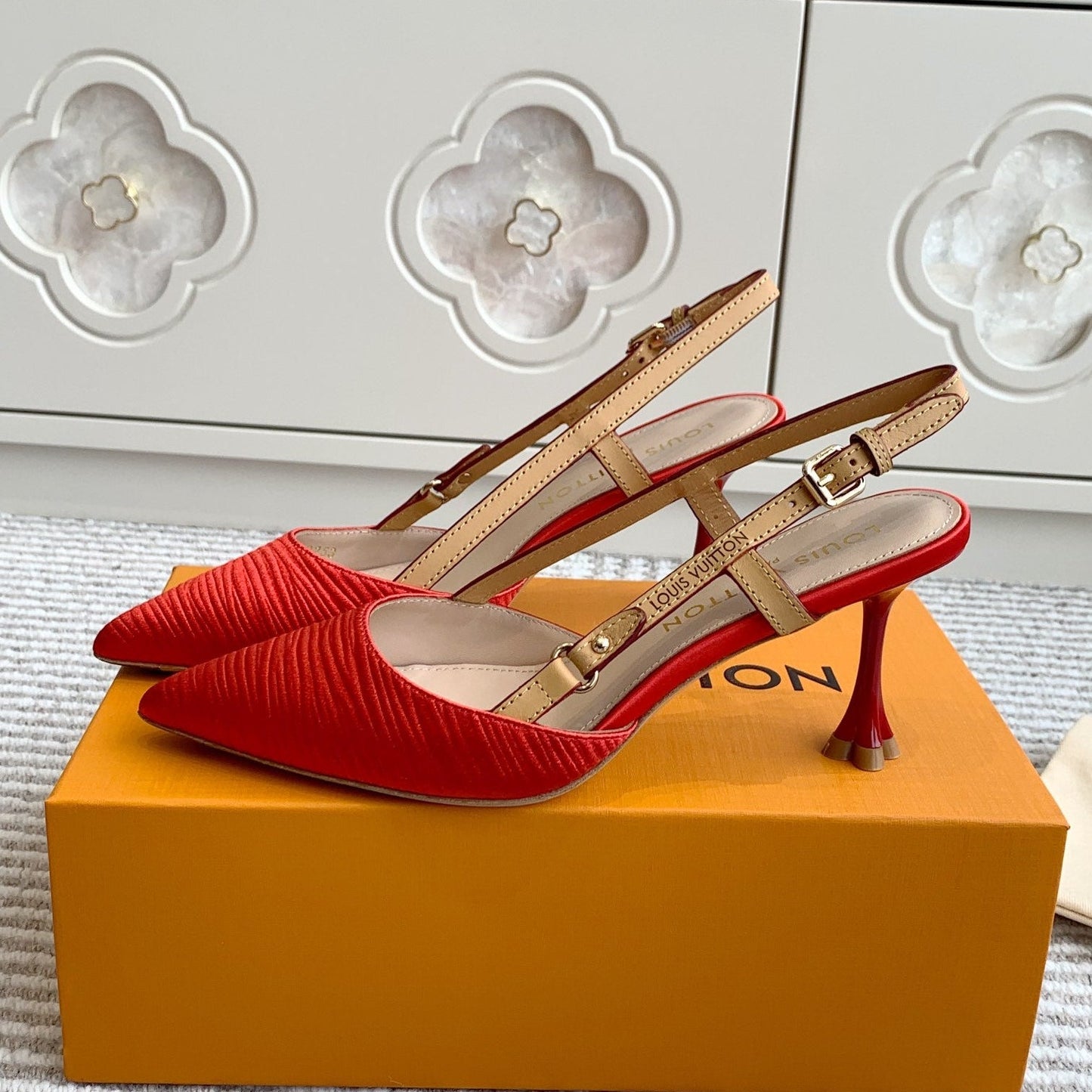 BLOSSOM SLINGBACKS 75 MM IN CHERRY RED IMPORTED STRIPED SILK SATIN