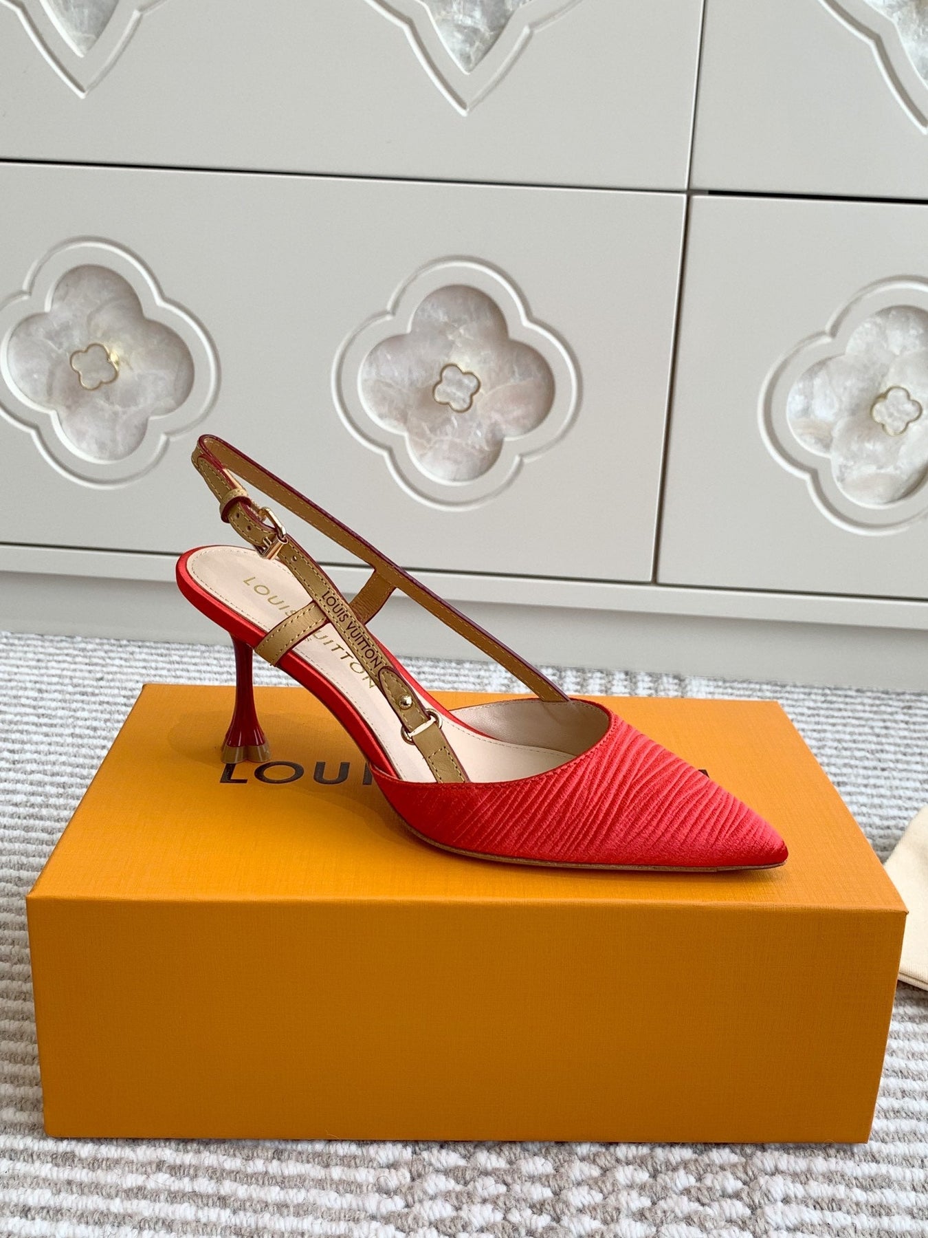 BLOSSOM SLINGBACKS 75 MM IN CHERRY RED IMPORTED STRIPED SILK SATIN