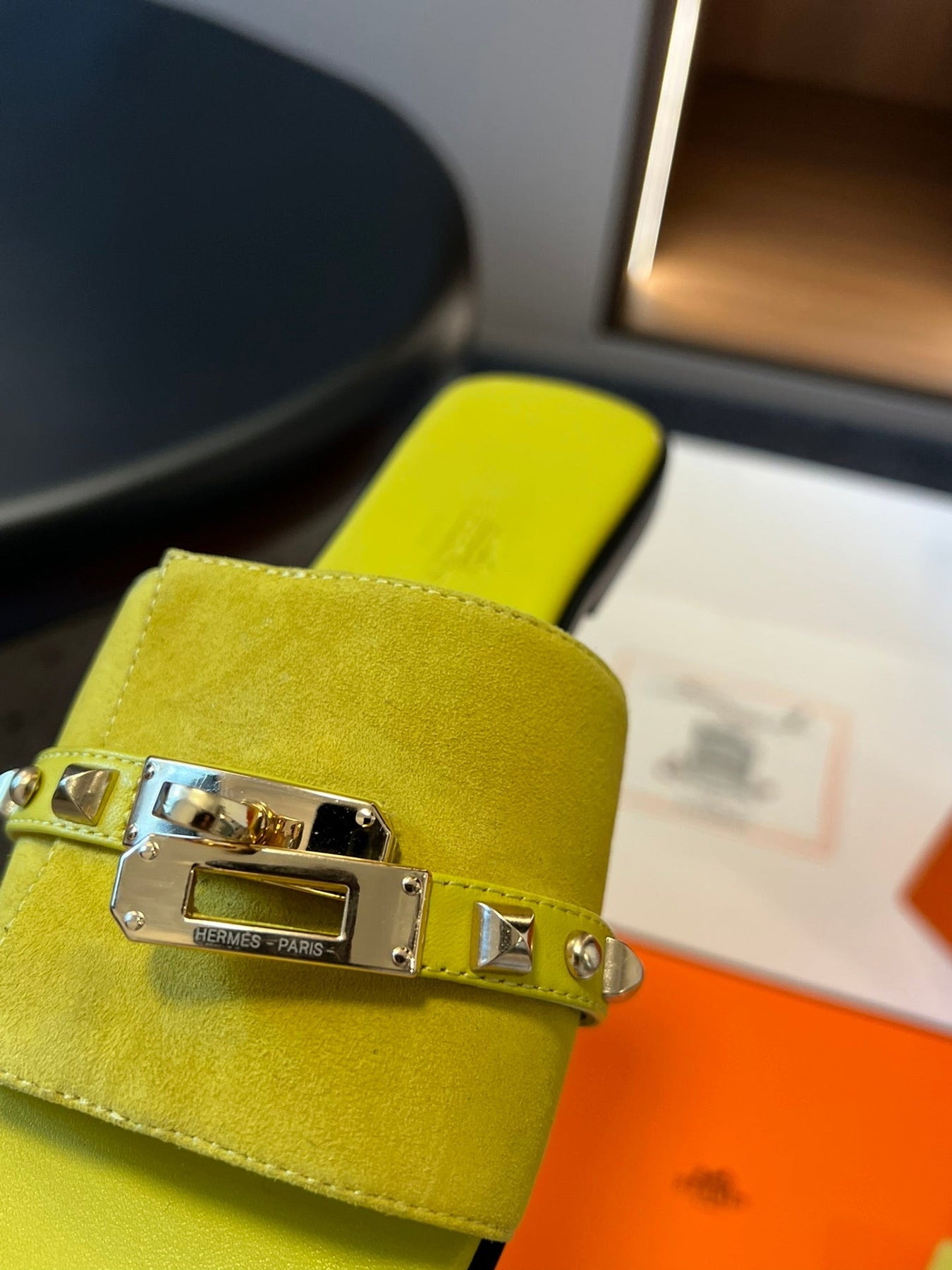 GIULIA FLAT SANDAL IN NEON YELLOW SUEDE