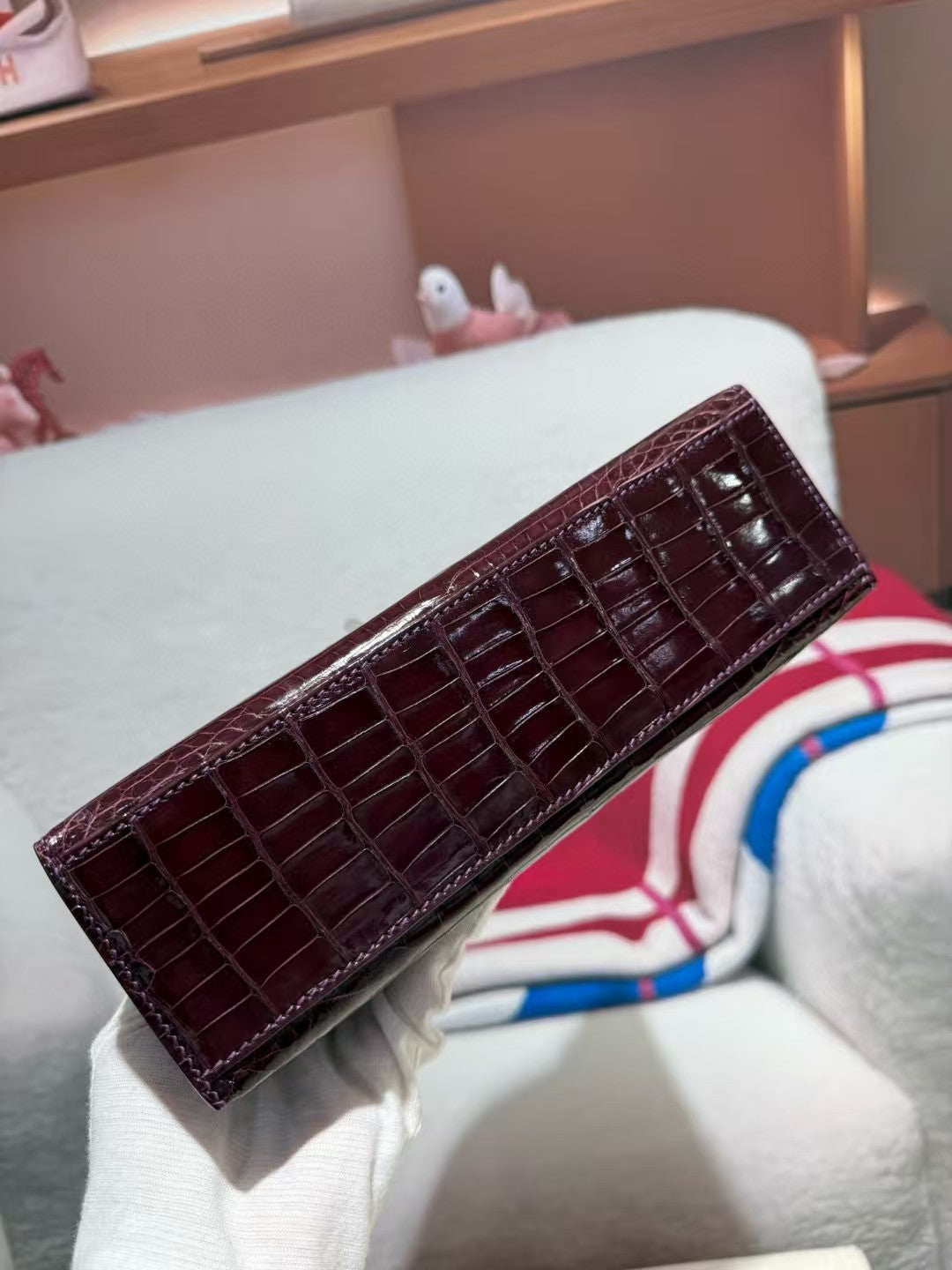 HM KELLY MINI 22 BORDEAUX RED AMERICAN ALLIGATOR GOLD BUCKLE