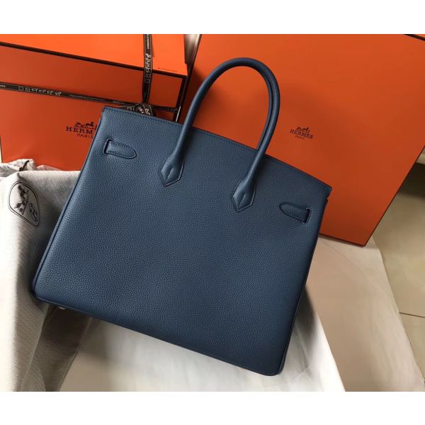 HERM Birkin 35cm Bag In Blue Agate Clemence Leather GHW