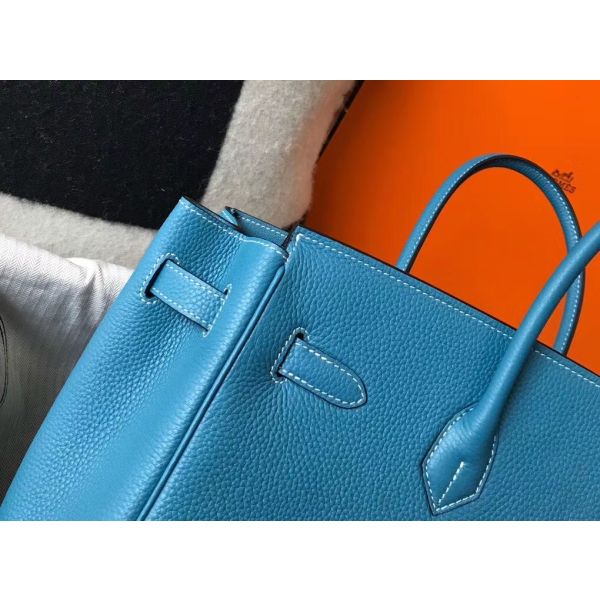 HERM Birkin 35cm Bag In Blue Jean Clemence Leather GHW