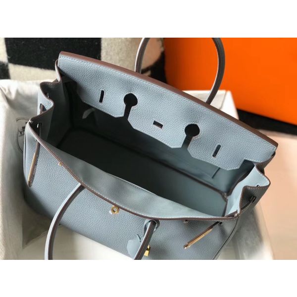 HERM Birkin 35cm Bag In Blue Lin Clemence Leather GHW