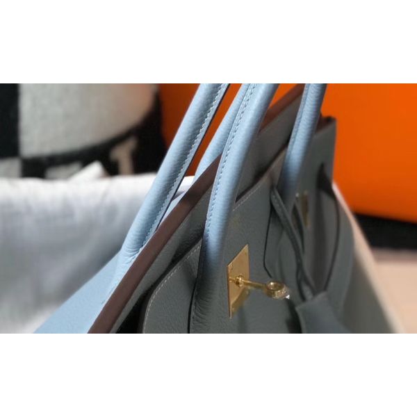 HERM Birkin 35cm Bag In Blue Lin Clemence Leather GHW