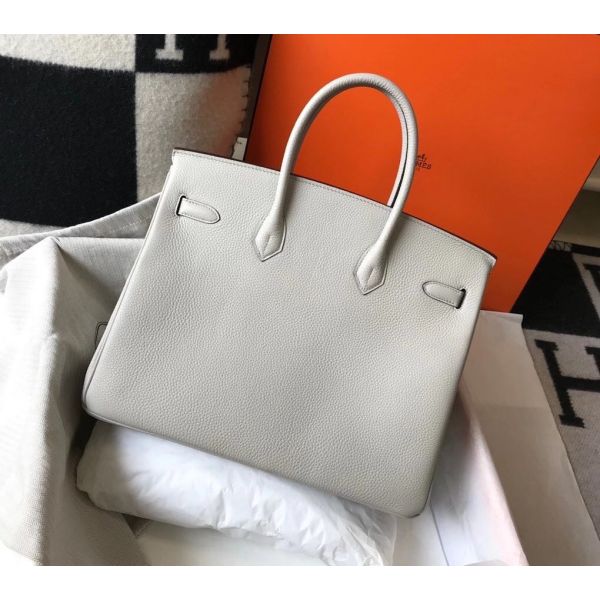 HERM Birkin 35cm Bag In Pearl Grey Clemence Leather GHW