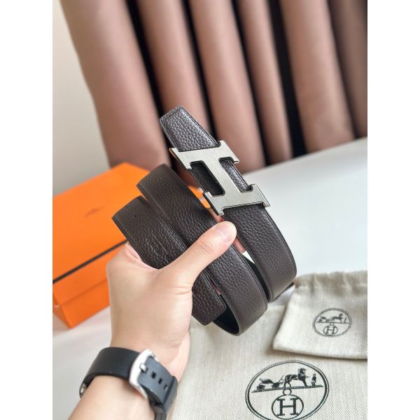 HERM H Speed Reversible Belt 32MM in Chocolate Clemence Leather