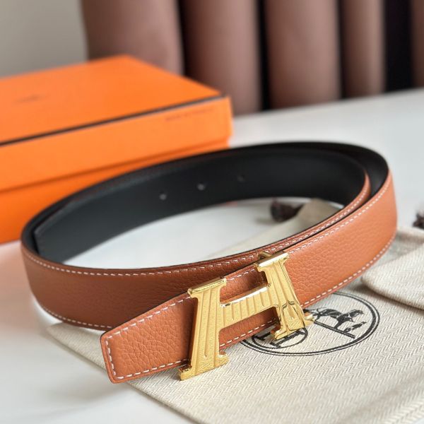 HERM H Take Off Reversible Belt 32MM in Gold Clemence Leather
