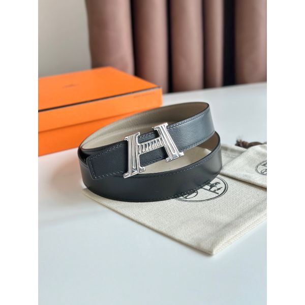 HERM H Take Off Reversible Belt 32MM in Grey Clemence Leather