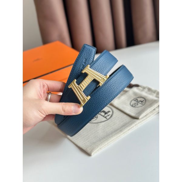 HERM H Take Off Reversible Belt 32MM in Blue Clemence Leather