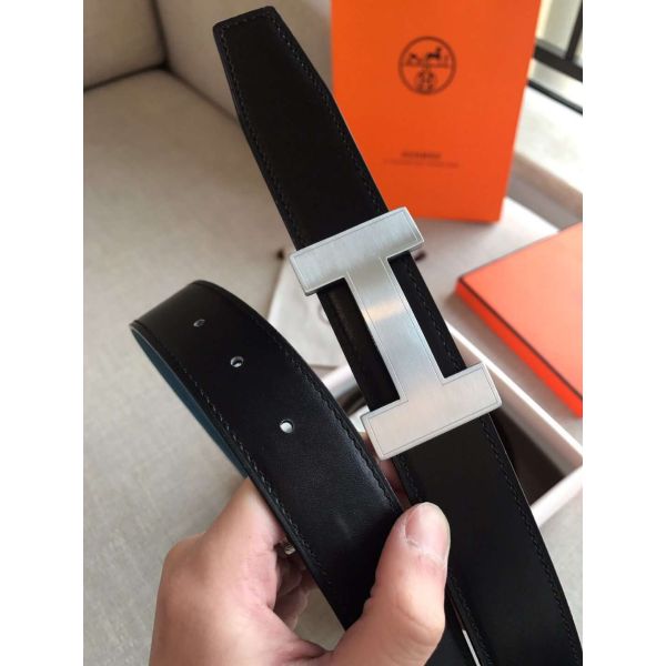 HERM Quizz 32mm Reversible Belt In Blue Clemence Leather