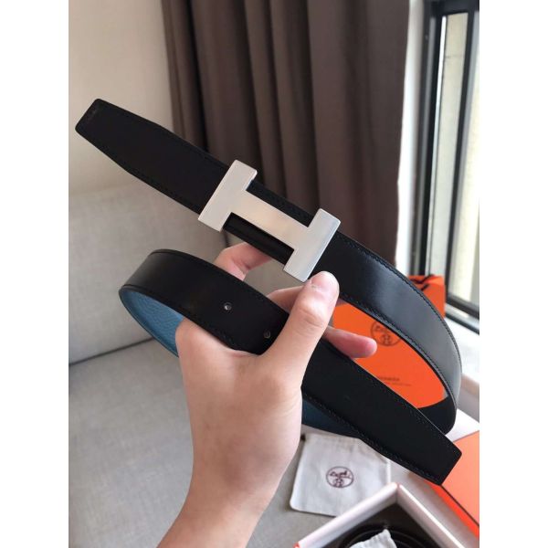 HERM Quizz 32mm Reversible Belt In Blue Clemence Leather