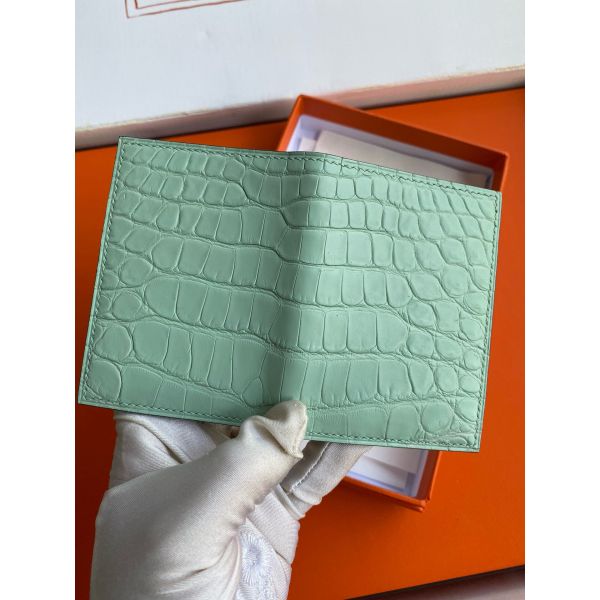 HERM MC² Euclide Card Holder in Vert D'eau Matte Alligator Leather