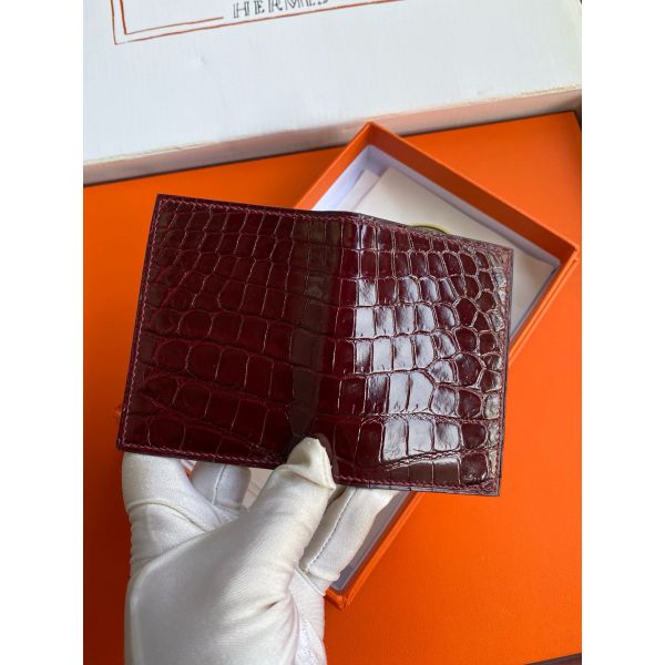 HERM MC² Euclide Card Holder in Bordeaux Shiny Alligator Leather