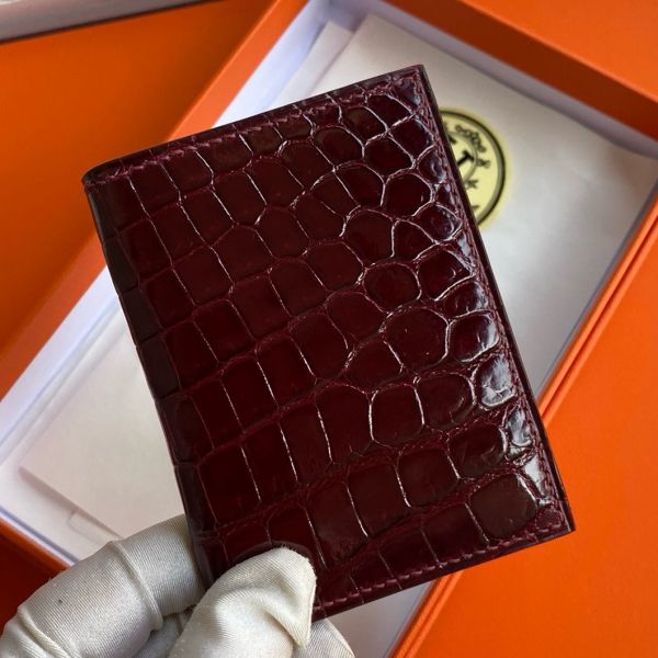 HERM MC² Euclide Card Holder in Bordeaux Shiny Alligator Leather