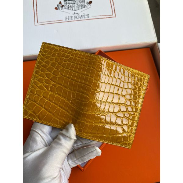 HERM MC² Euclide Card Holder in Jaune Ambre Shiny Alligator Leather