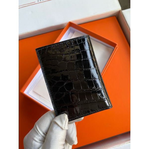 HERM MC² Euclide Card Holder in Black Shiny Alligator Leather