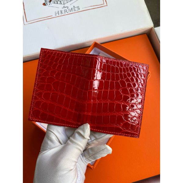 HERM MC² Euclide Card Holder in Red Shiny Alligator Leather