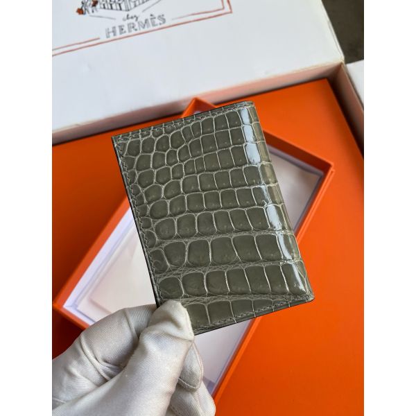 HERM MC² Euclide Card Holder in Tourterelle Shiny Alligator Leather