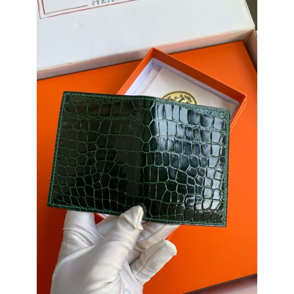 HERM MC² Euclide Card Holder in Vert Fonce Shiny Alligator Leather