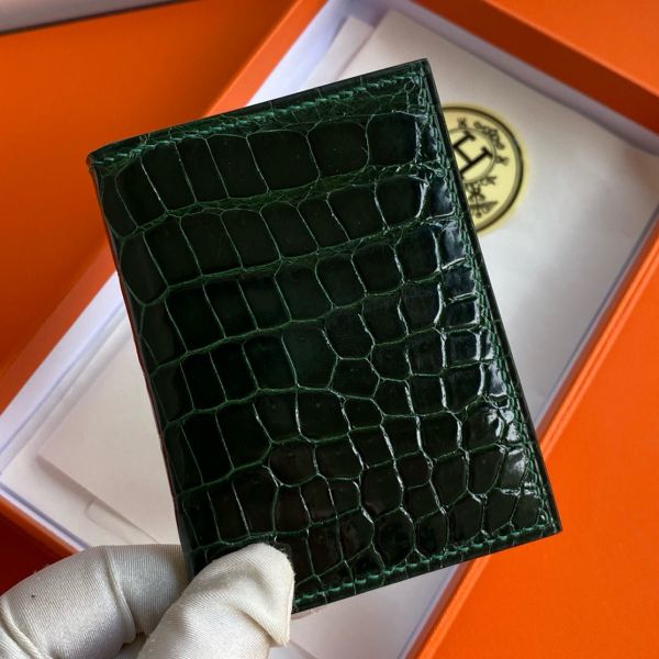 HERM MC² Euclide Card Holder in Vert Fonce Shiny Alligator Leather