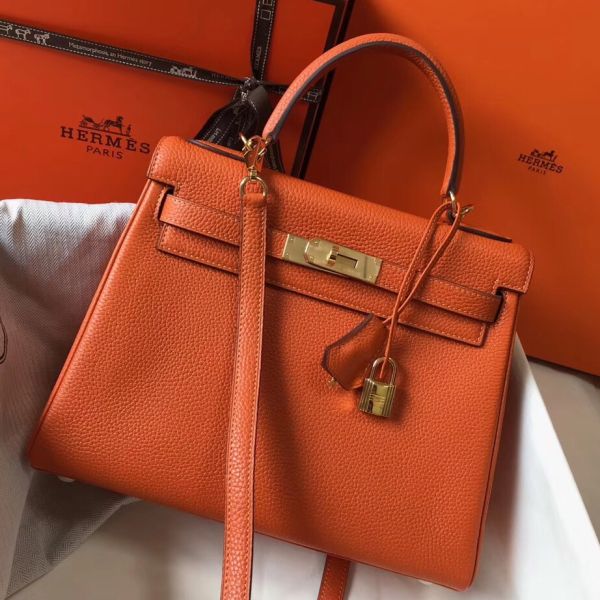 HERM Kelly 28cm Bag In Orange Clemence Leather GHW