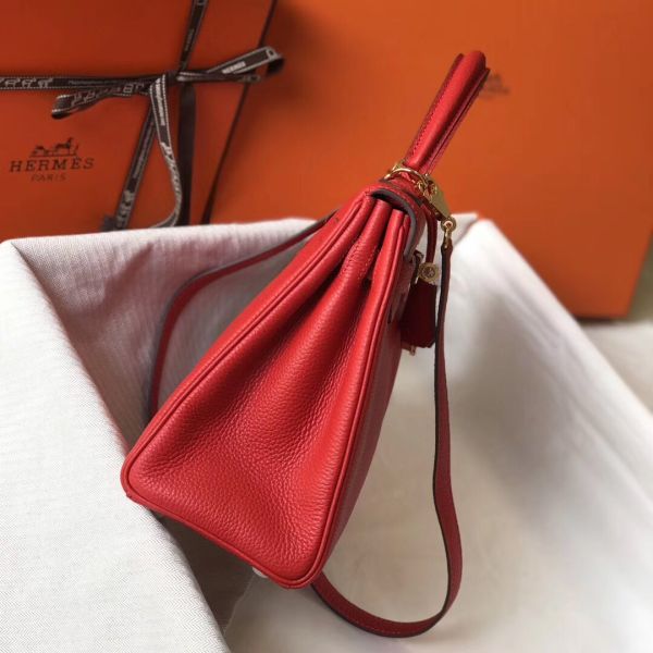 HERM Kelly 28cm Bag In Red Clemence Leather GHW