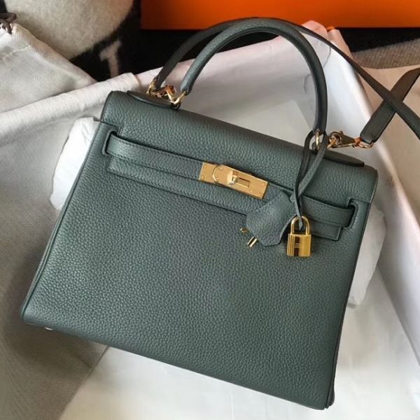 HERM Kelly 28cm Bag In Vert Amande Clemence Leather GHW