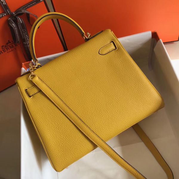 HERM Kelly 28cm Bag In Yellow Clemence Leather GHW