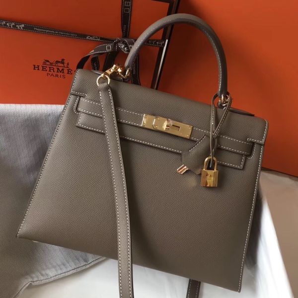 HERM Kelly 28cm Bag In Taupe Grey Epsom Leather GHW