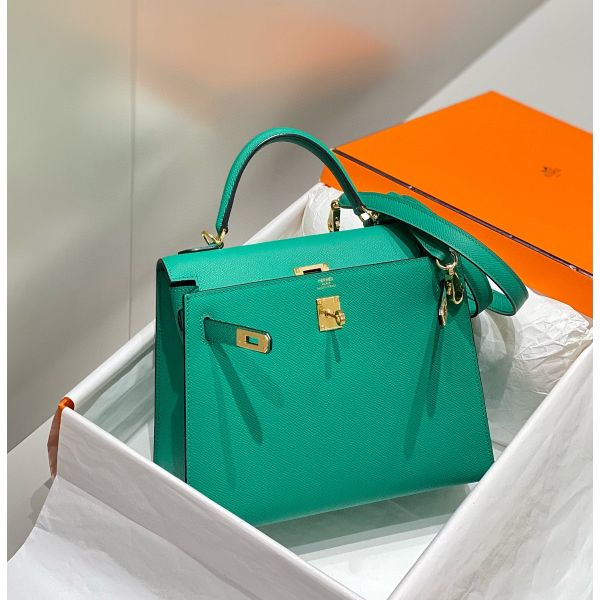 HERM Kelly 28cm Bag In Vert Jade Epsom Leather PHW